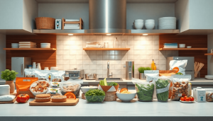 A modern cafe kitchen scene showcasing a variety of ready-to-eat food supplies arranged neatly, emphasizing innovation, efficiency, and high quality, with sleek packaging and fresh ingredients, digital art style, bright and clean atmosphere, contemporary design..
