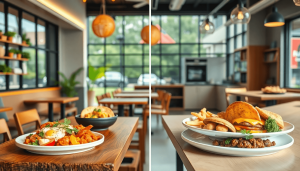 A modern cafe interior split into two halves: one side showcasing vibrant local ready-to-eat dishes artfully presented on rustic wooden tables, the other side featuring sleek global fast food items arranged on minimalist white plates, warm natural lighting, digital art style, inviting and contemporary atmosphere..