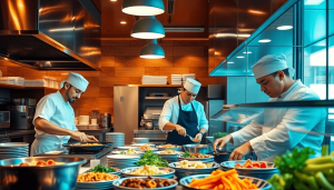 A bustling cafe kitchen with chefs skillfully preparing ready-to-eat meals, warm ambient lighting illuminating fresh ingredients and sleek modern cooking equipment, realistic style, capturing operational efficiency and meticulous attention to food quality.