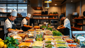 A realistic scene inside a modern cafe kitchen with chefs actively preparing dishes using fresh, ready-to-eat packaged ingredients displayed on the counter, warm inviting lighting highlighting the dynamic atmosphere that reflects both the success and challenges of the culinary process.