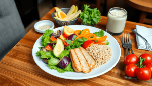 A realistic style image of a healthy ready-to-eat meal arranged elegantly on a cafe table, featuring fresh colorful vegetables, lean proteins, and whole grains, showcasing a trendy and practical menu that is nutritious and visually appealing.