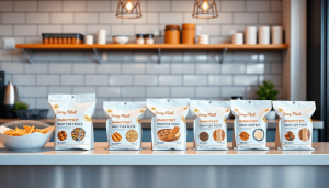 A realistic style image of innovative ready-to-eat food packaging designs displayed on a sleek café counter, showcasing practical and modern solutions for trendy café entrepreneurs, with clean lines and vibrant colors.
