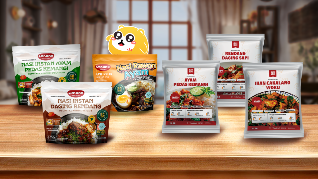 Meja dapur modern dengan nasi instan kemasan dan makanan protein yang diberi label "Halal" dan "Bergizi", dikelilingi oleh sayuran segar dan biji-bijian.