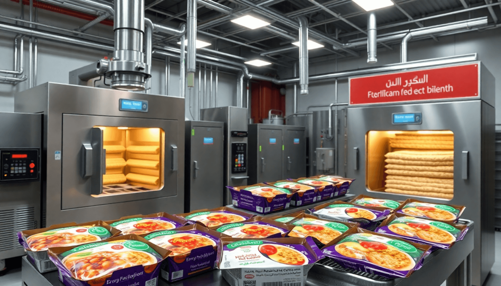 Interior dari fasilitas pengolahan makanan modern dengan peralatan sterilisasi canggih, pengering bed fluida, dan makanan siap saji terkemas berwarna cerah yang dipajang.