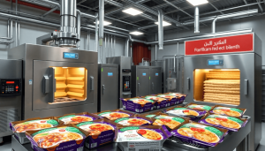 Interior dari fasilitas pengolahan makanan modern dengan peralatan sterilisasi canggih, pengering bed fluida, dan makanan siap saji terkemas berwarna cerah yang dipajang.