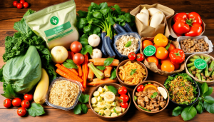Sayuran organik segar dan makanan siap saji di atas meja kayu dengan kemasan ramah lingkungan dan daun hijau, melambangkan kesehatan dan keberlanjutan.