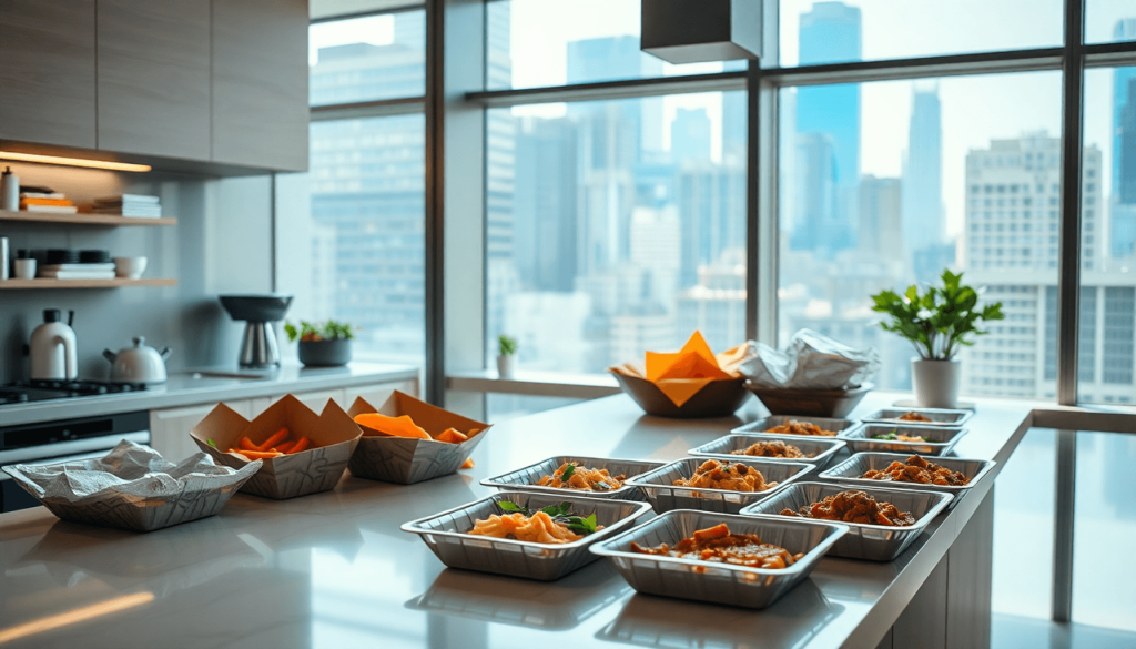 Meja dapur modern dengan makanan yang terkemas rapi, jendela pemandangan kota yang cerah di latar belakang, menampilkan kenyamanan dan gaya hidup perkotaan.