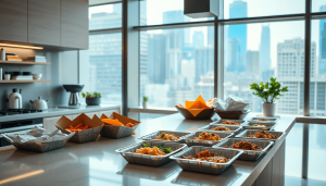 Meja dapur modern dengan makanan yang terkemas rapi, jendela pemandangan kota yang cerah di latar belakang, menampilkan kenyamanan dan gaya hidup perkotaan.