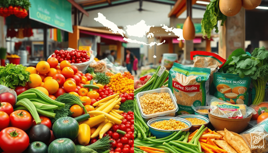 Vibrant market with fresh produce on one side, packaged meals on the other, and a subtle map outline of Indonesia in the background.