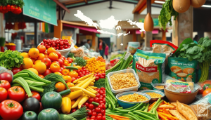 Vibrant market with fresh produce on one side, packaged meals on the other, and a subtle map outline of Indonesia in the background.