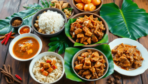 Sajian beragam hidangan tradisional Indonesia yang cerah di atas meja kayu rustic dengan daun tropis dan rempah-rempah.