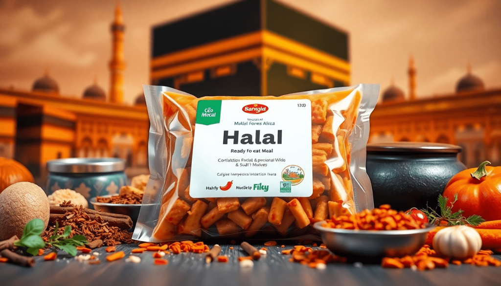 Paket makanan siap saji Halal dengan rempah-rempah Indonesia, ditempatkan di latar belakang yang hangat dan bertema ziarah yang melambangkan Mekah.