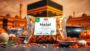 Paket makanan siap saji Halal dengan rempah-rempah Indonesia, ditempatkan di latar belakang yang hangat dan bertema ziarah yang melambangkan Mekah.