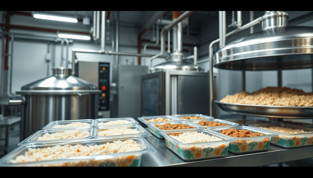 Interior dari fasilitas pemrosesan makanan modern dengan peralatan sterilisasi dan pengeringan canggih di samping nasi siap saji yang dikemas dan hidangan daging.