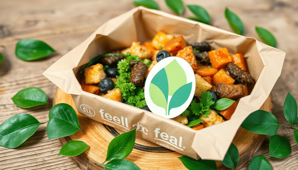 Gambar close-up kemasan makanan siap saji ramah lingkungan di atas permukaan kayu dengan daun hijau, menyoroti keberlanjutan dan inovasi makanan modern.